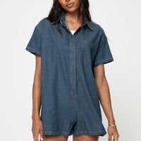 Dottey Denim Romper Dark Wash