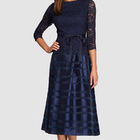 Cocktail Dress with Lace Bodice, Illusion 3/4 Sleeves & Striped Organza Skirt
