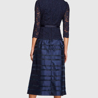 Cocktail Dress with Lace Bodice, Illusion 3/4 Sleeves & Striped Organza Skirt