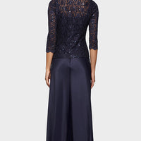 Lace & Satin Gown with 3/4 Sleeve Scalloped Lace Jacket