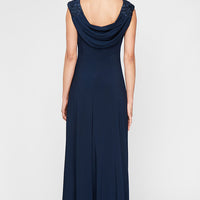 Long Empire Waist Lace and Jersey Gown with Side Ruched Skirt and Cowl Back Detail