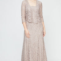 Sequin Lace Long A-Line Dress with 3/4 Sleeve Illusion Jacket