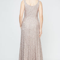 Sequin Lace Long A-Line Dress with 3/4 Sleeve Illusion Jacket