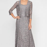 Regular - Sequin Lace Long A-Line Dress with 3/4 Sleeve Illusion Jacket