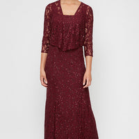 Regular - Long A-Line Jacket Dress With Illusion Cascade Jacket and Sequin Detail