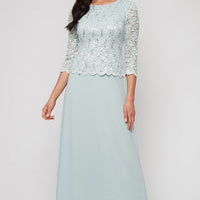 3/4 Sleeve Lace and Chiffon Gown with Scalloped Lace Detail