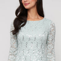 3/4 Sleeve Lace and Chiffon Gown with Scalloped Lace Detail
