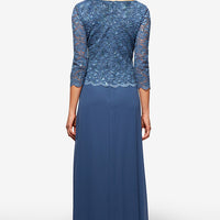 3/4 Sleeve Lace and Chiffon Gown with Scalloped Lace Detail