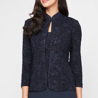 Petite Glitter Jacquard Knit Jacket Dress with Mandarin Neckline