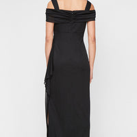 Cold Shoulder Mesh Gown with Cowl Neckline & Overlay Skirt