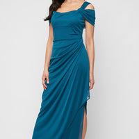 Cold Shoulder Mesh Gown with Cowl Neckline & Overlay Skirt