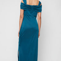 Cold Shoulder Mesh Gown with Cowl Neckline & Overlay Skirt