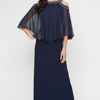 Cold Shoulder Popover Jersey & Chiffon Gown with Beaded Neckline