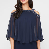 Cold Shoulder Popover Jersey & Chiffon Gown with Beaded Neckline