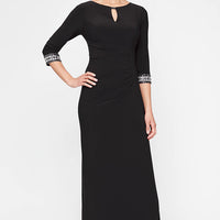 Jersey Dress with Keyhole Cutout Neckline and Embellished Sleeves/Neckline