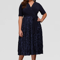 Plus Tea-Length Lace & Jersey Cocktail Dress with Full Rosette Lace Skirt and Tie Belt
