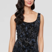 Plus 3/4 Sleeve Printed Glitter Slinky Knit Twinset with Scoop Neck Tank and Hook Neck Closure Jacket