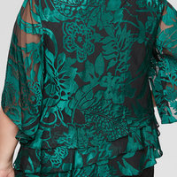 Plus 3/4 Sleeve Chiffon Printed Blouse With Illusion Sleeves and Asymmetric Triple Tier Hem
