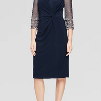 Short Matte Jersey Surplice Neckline Dress with Knot Front Detail & Embellished Sleeves