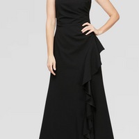 Petite Sleeveless Stretch Crepe Dress with Cascade Ruffle Skirt Detail & Cutaway Neckline