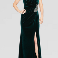 Long Off the Shoulder Fit and Flare Dress With Surplice Sweetheart Neckline, Beaded Hip Detail and Front Slit