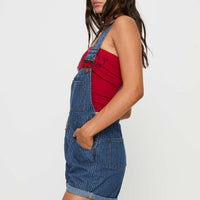 Kacey Short Overalls Mid Blue Pinstripe
