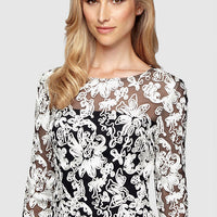 3/4 Sleeve Stretch Tulle Blouse with Embroidered Detail and Illusion Neckline