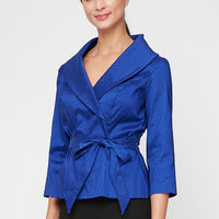 3/4 Sleeve Stretch Taffeta Blouse with Tie Waist Detail