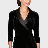 3/4 Sleeve Side Closure Velvet Blouse with Peplum Waist and Satin Collar