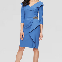 Short Contour Sheath Dress with Portrait Collar Neckline, Beaded Hip Detail and Cascade Skirt