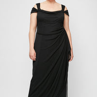 Plus Cold Shoulder Mesh Gown with Cowl Neckline & Overlay Skirt