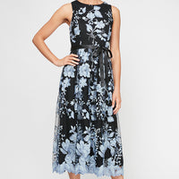Sleeveless Embroidered Party Dress with Full Skirt & Satin Tie Belt