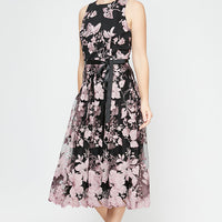 Regular - Sleeveless Embroidered Party Dress with Full Skirt & Satin Tie Belt
