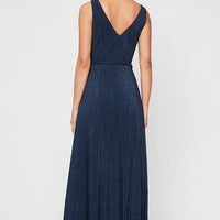 Regular - Long Glitter Mesh Sleeveless Surplice Neckline Dress with A-Line Skirt & Tie Belt