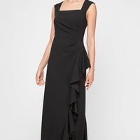 Regular - Long Square Neck Dress with Cascade Ruffle Detail