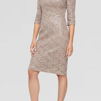 Petite - Short Sheath Sequin Lace Cocktail Dress with L-Shaped Neckline and 3/4 Sleeves