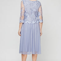 Tea-Length Embroidered Dress with Illusion Sleeves, Scallop Detail and Full Skirt