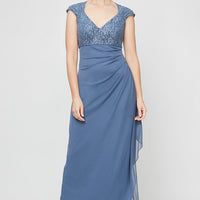 Petite Long Cap Sleeve Empire Waist Dress With Cording Detail and Cascade Skirt