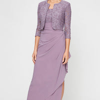Petite Long Empire Waist Bolero Jacket Dress With Open Jacket, Scoop Neck Bodice and Cascade Detail Skirt