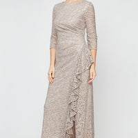 Petite A-Line Dress with 3/4 Sleeves and Cascade Detail Front Slit