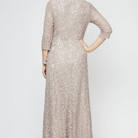 Petite A-Line Dress with 3/4 Sleeves and Cascade Detail Front Slit