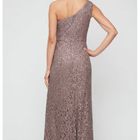 Long One Shoulder Lace Dress with Cascade Ruffle Detail