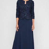 Long Empire Waist Dress With Open Soutache Jacket
