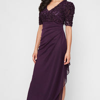 Petite Long Empire Waist Dress with Soutache Bodice, Puff Sleeve Detail and Cascade Ruffle Skirt