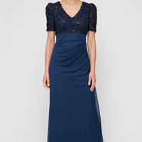Long Empire Waist Dress with Soutache Bodice, Puff Sleeve Detail and Cascade Ruffle Skirt