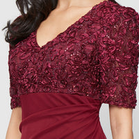 Long Empire Waist Dress with Soutache Bodice, Puff Sleeve Detail and Cascade Ruffle Skirt