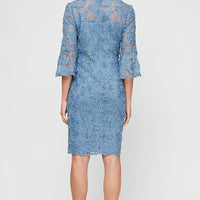 Short Flower Soutache Dress with Illusion Neckline and Bell Sleeves