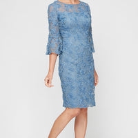 Short Flower Soutache Dress with Illusion Neckline and Bell Sleeves