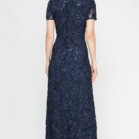 Soutache Sequin Lace A-Line Dress with Short Sleeves and Illusion Neckline