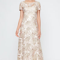 Plus Long Soutache A-Line Dress with Short Sleeves and Illusion Neckline